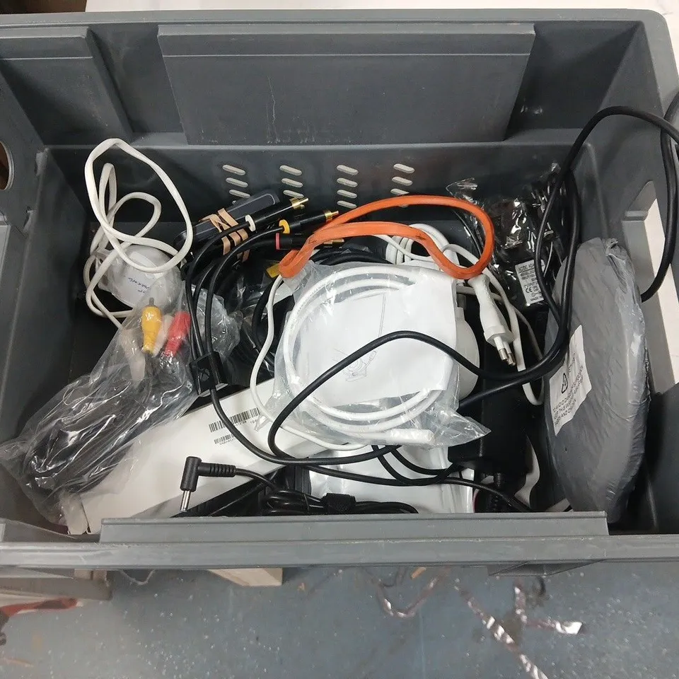 LOT OF ASSORTED HOUSEHOLD ITEMS TO INCLUDE ROUTERS AC/DC ADAPTER AND VARIOUS REMOTES