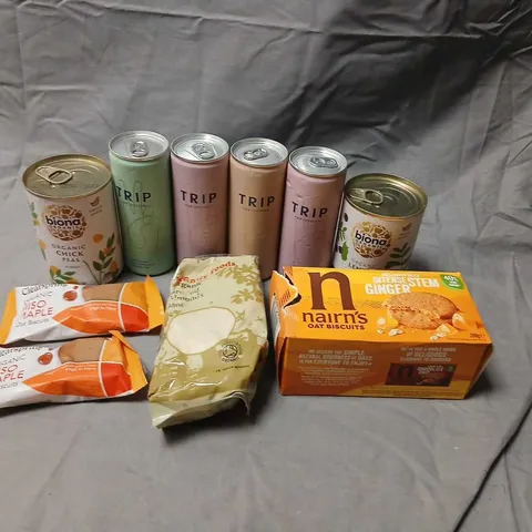 APPROXIMATELY 22 ASSORTED PRODUCTS TO INCLUDE; TRIP CBD INFUSED CANS, NAIRNS OAT BISCUITS, GROUND ALMONDS AND BIONA ORGANIC LENTILS IN WATER