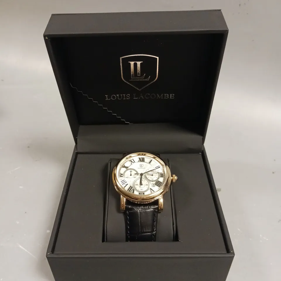 MENS LOUIS LACOMBE CHRONOGRAPH WATCH – MULTI FUNCTION DIAL WITH DATE – ROMAN NUMERAL DIAL – LEATHER STRAP