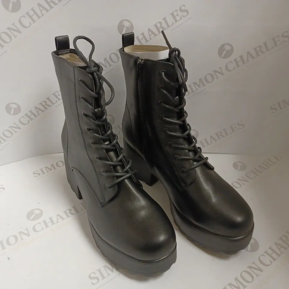 KOI VEGAN BLACK HEELED LACE UP BOOTS - SIZE 8
