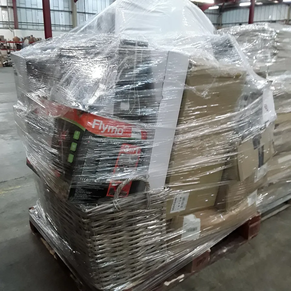 PALLET OF ASSORTED PRODUCTS INCLUDING FLYMO POER VAC, CAR WHEEL PROTECTION, SHOWER MIXER