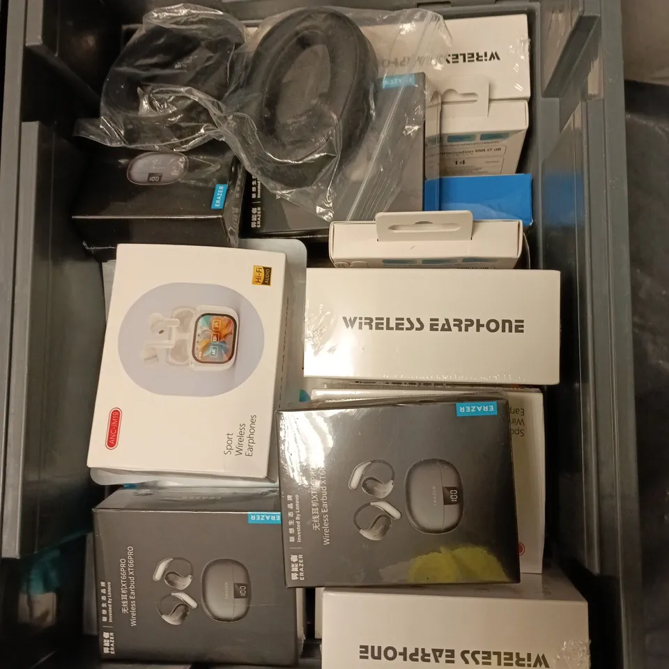 BOX OF APPROXIMATELY 18 HEADPHONES/ELECTRICAL ITEMS TO INCLUDE SPORT HEADPHONES AND OPEN EAR HEADPHONES