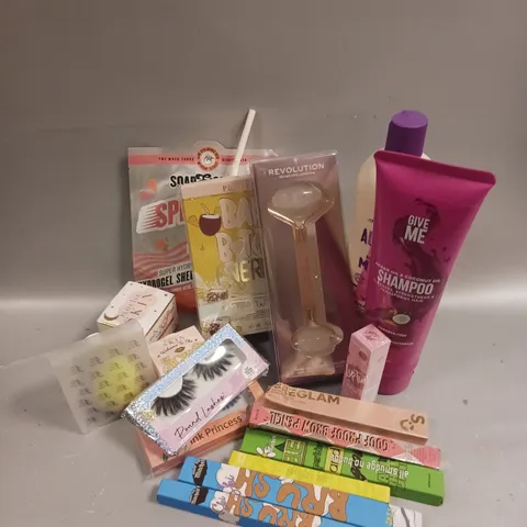 BOX OF APPROXIMATELY 15 COSMETIC ITEMS TO INCLUDE - PLOUISE BAD BITCH ENERGY PINA PUNCH - REVOLUTION ROSE QUARTZ FACIAL ROLLER - MADE BY MITCHELL EYELINER ETC 
