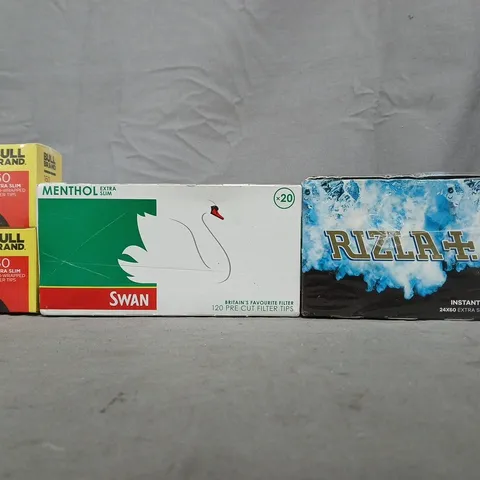 APPROXIMATELY 10 ASSORTED HOUSEHOLD ITEMS TO INCLUDE RIZLA + FILTER TIPS, SWAN FILTER TIPS, ETC