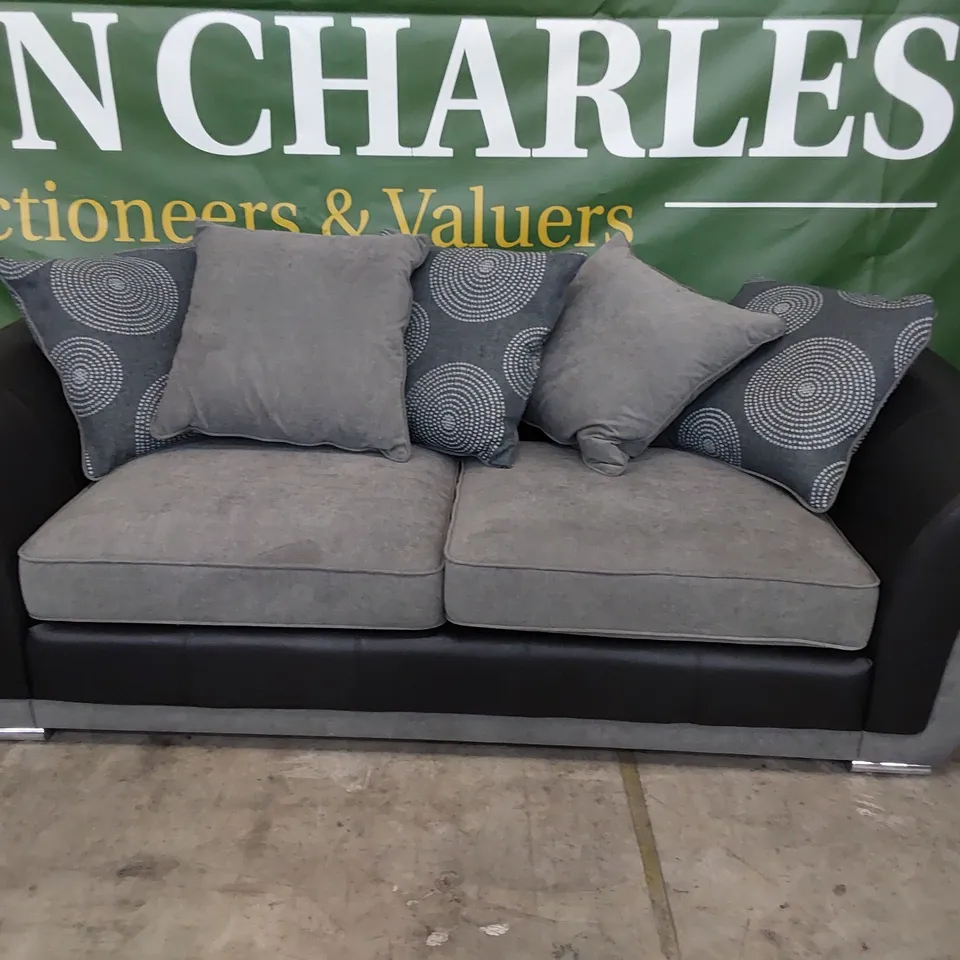 DESIGNER THREE SEATER SOFA BLACK FAUX LEATHER & GREY FABRIC WITH SCATTER CUSHIONS 