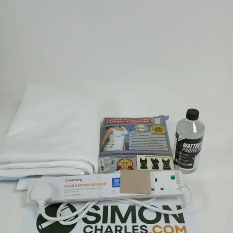 APPROXIMATELY 15 ASSORTED HOUSEHOLD ITEMS TO INCLUDE MATTRESS PROTECTOR, 6 GANG EXTENSION LEAD AND A SUPPORT AND POSTURE VEST