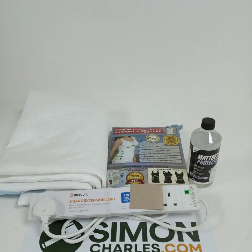 APPROXIMATELY 15 ASSORTED HOUSEHOLD ITEMS TO INCLUDE MATTRESS PROTECTOR, 6 GANG EXTENSION LEAD AND A SUPPORT AND POSTURE VEST