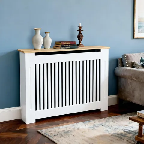 BOXED FATIVO EXTRA TALL RADIATOR COVER 90CM VERTICAL SLAT MDF WOOD NATURE TOP | MEDIUM RADIATOR COVER WHITE ANTI-TIPPING DEVICE VENTILATED MDF ,HEAT CONTACT PROTECTION DECORATION FOR KITCHEN BEDROOM U