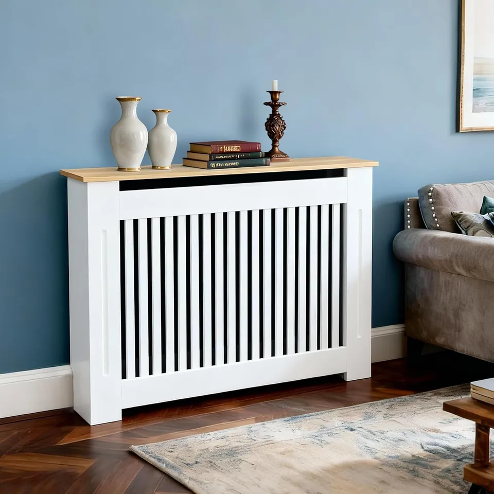 BOXED FATIVO EXTRA TALL RADIATOR COVER 90CM VERTICAL SLAT MDF WOOD NATURE TOP | MEDIUM RADIATOR COVER WHITE ANTI-TIPPING DEVICE VENTILATED MDF ,HEAT CONTACT PROTECTION DECORATION FOR KITCHEN BEDROOM U