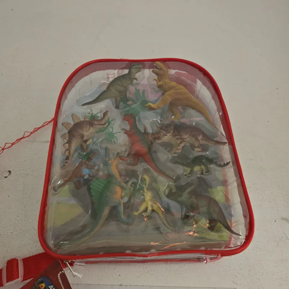 ASSORTED PLASTIC DINOSAUR FIGURES IN CLEAR RED ZIP BAG