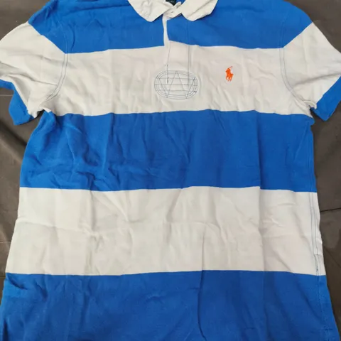POLO RALPH LAUREN CUSTOM FIT SHORT SLEEVE STRIPE POLO TOP IN WHITE/BLUE SIZE MEDIUM