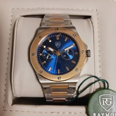 RAYMOND GADUIN BLUE DIAL 316L STAINLESS STEEL GENTS WATCH IN WOODEN PRESENTATION BOX