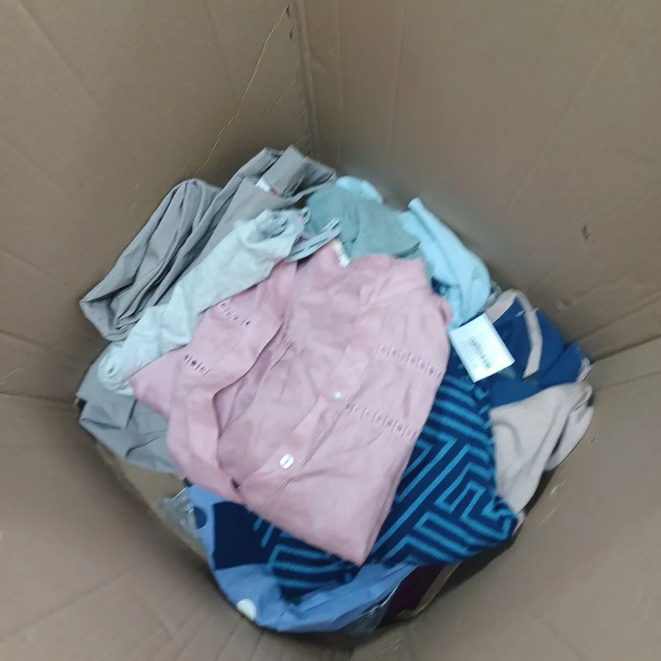 BOX OF ASSORTED WOMENS CLOTHING TO INCLUDE TROUSERS, SWEATERS, FLEECES ETC