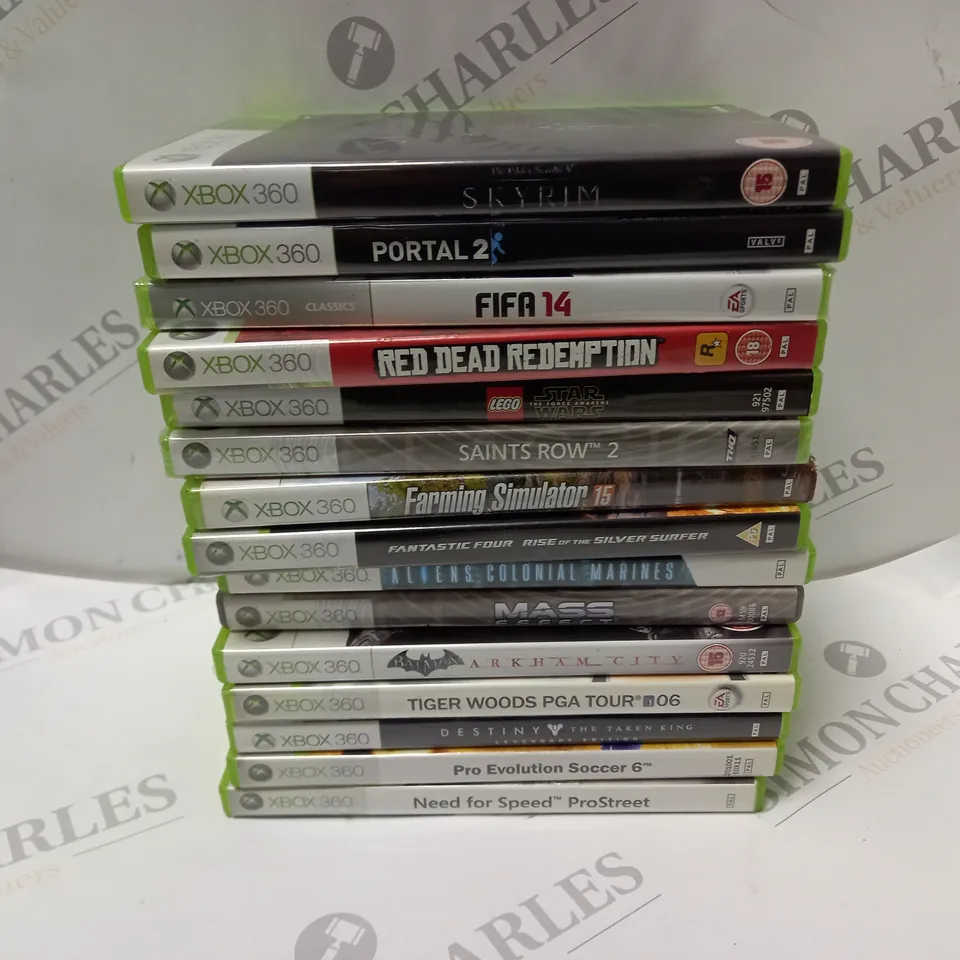APPROXIMATELY 15 ASSORTED XBOX 360 VIDEO GAMES TO INCLUDE SKYRIM, PORTAL 2, FIFA 14, ETC