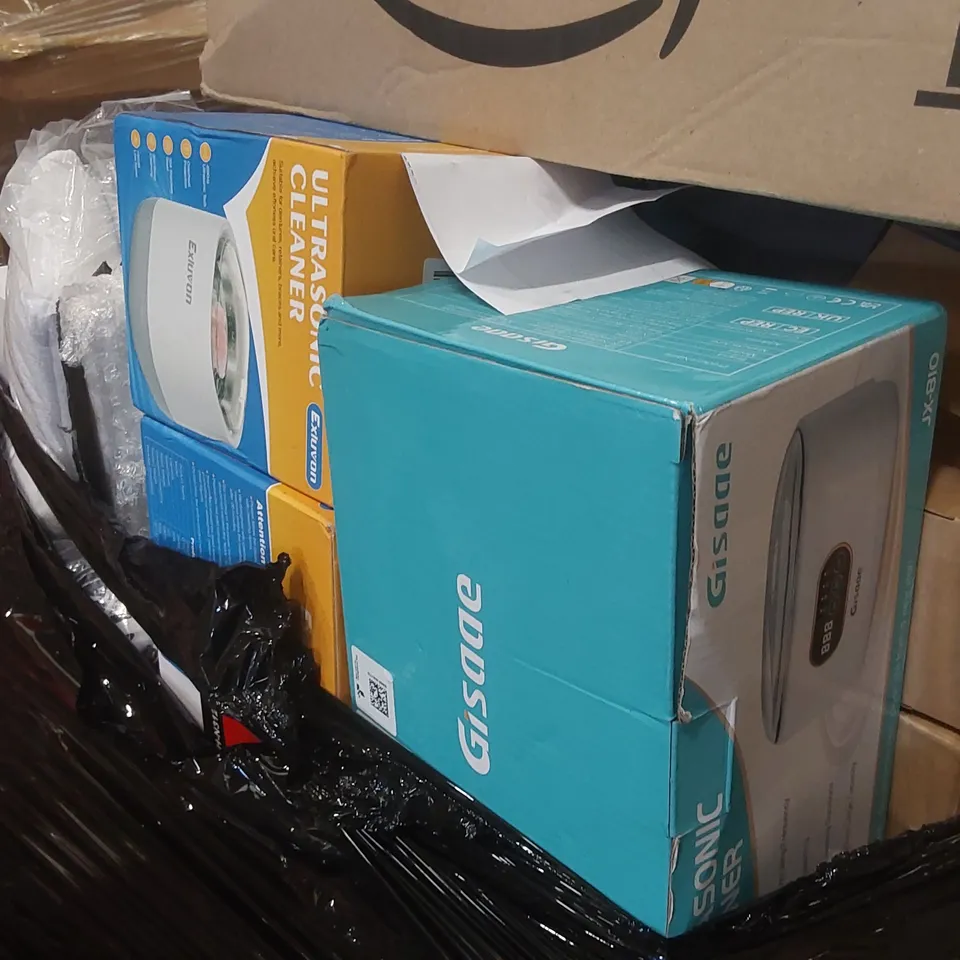 PALLET CONTAINING A LARGE QUANTITY OF ASSORTED ITEMS INCLUDING: ULTRASONIC CLEANERS, 1080P HOME THEATRE PROJECTOR, PIPER J-3 CUB TOY GLIDER. LED NIGHT LIGHTS ECT