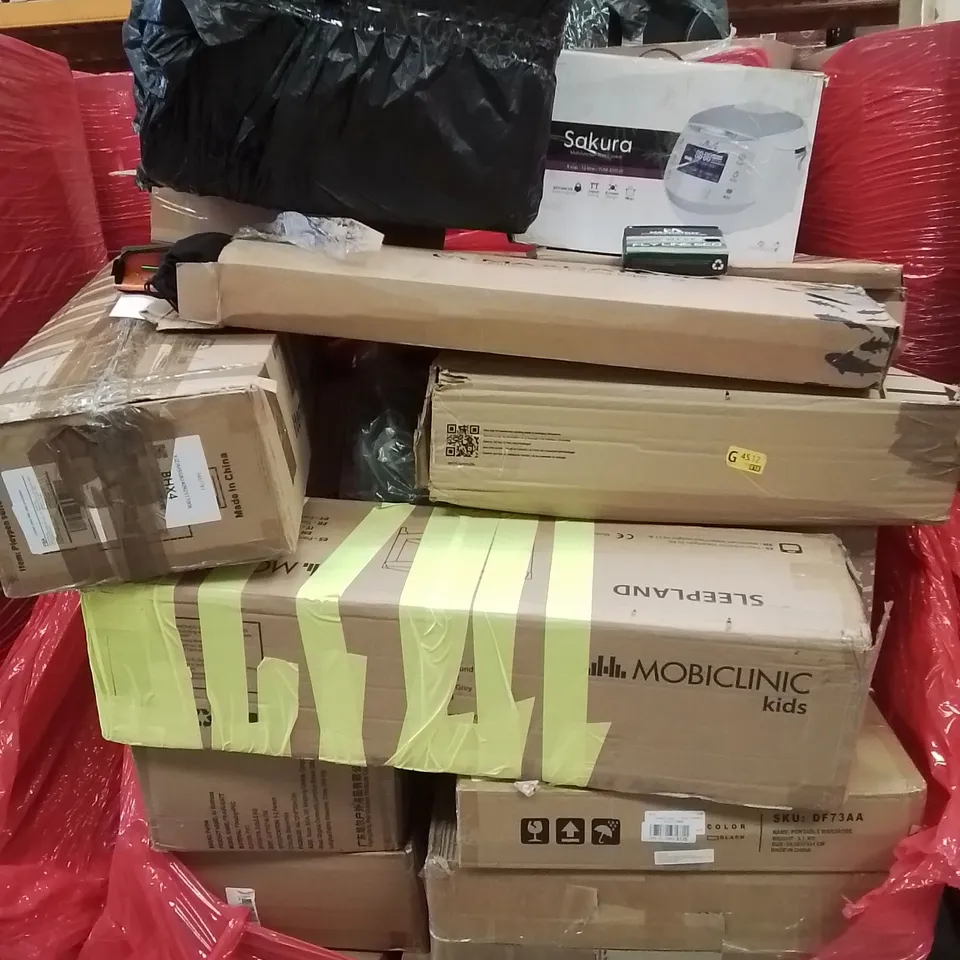 PALLET CONTAINING VARIOUS ASSORTED BOXED HOUSEHOLD ITEMS TO INCLUDE: PLAYPENS, FLY FISHING SET, RICE COOKER AND LOTS MORE UNMARKED BOXED ITEMS 