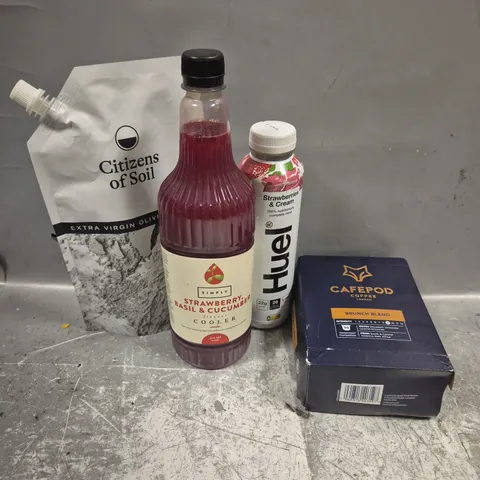APPROXIMATELY 10 ASSORTED FOOD/DRINK PRODUCTS TO INCLUDE HUEL, CAFEPOD, OLIVE OIL CLUB ETC 
