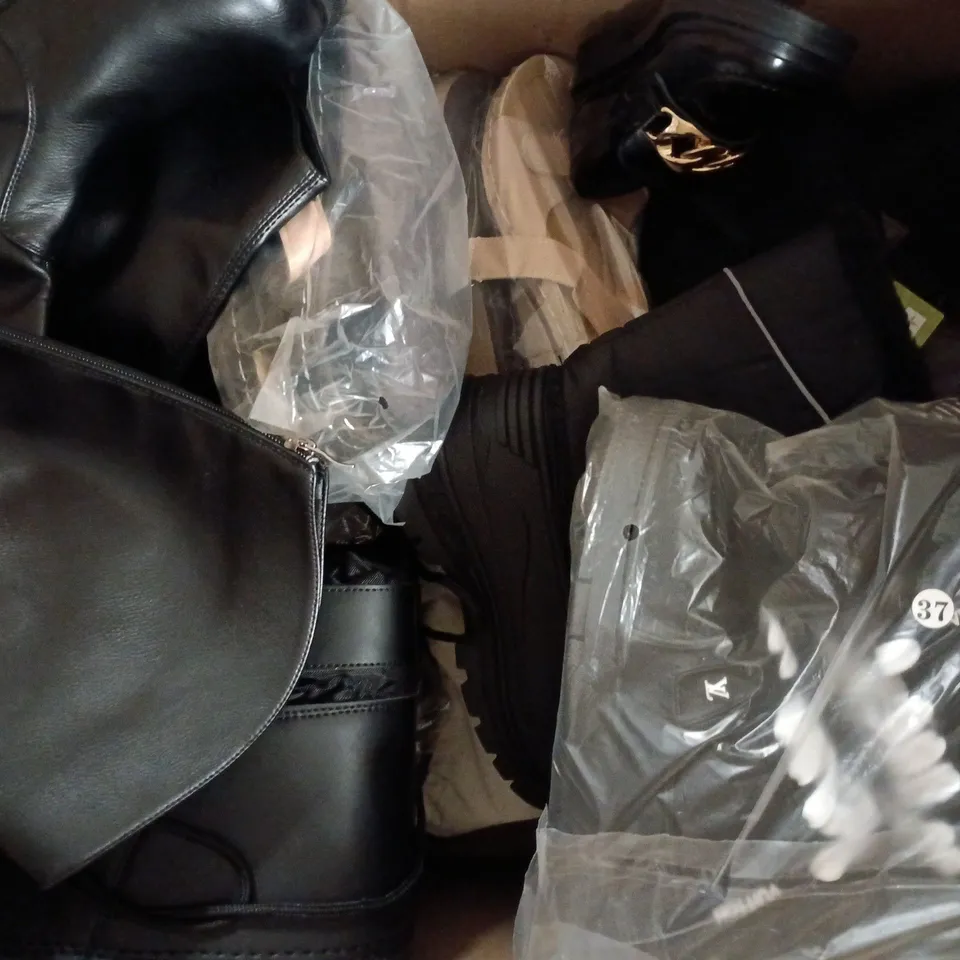 BOX OF APPROXIMATELY 15 ASSORTED PAIRS OF SHOES AND FOOTWEAR ITEMS IN VARIOUS COLOURS, STYLES, AND SIZES - COLLECTION ONLY