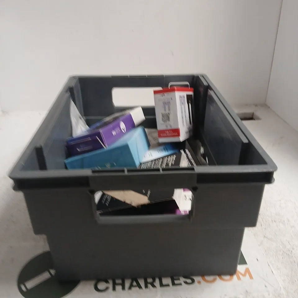 TOTE OF APPROXIMATELY 15 ASSORTED HOUSEHOLD ITEMS TO INCLUDE SKY Q REMOTE, CHARGING DOCK, DOG TRAINING COLLAR, ETHERNET ADAPTER ETC