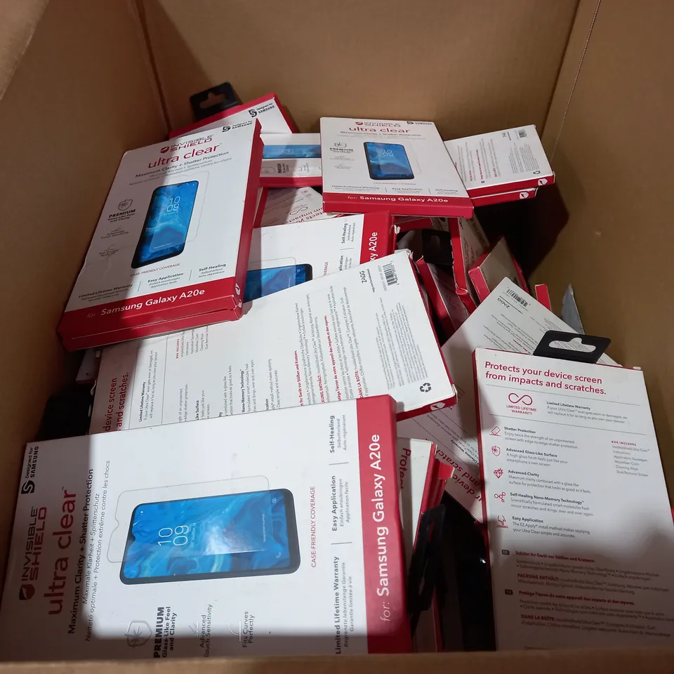 BOX OF A SIGNIFICANT QUANTITY OF ASSORTED INVISIBLE SHIELD ULTRA CLEAR SCREEN PROTECTORS