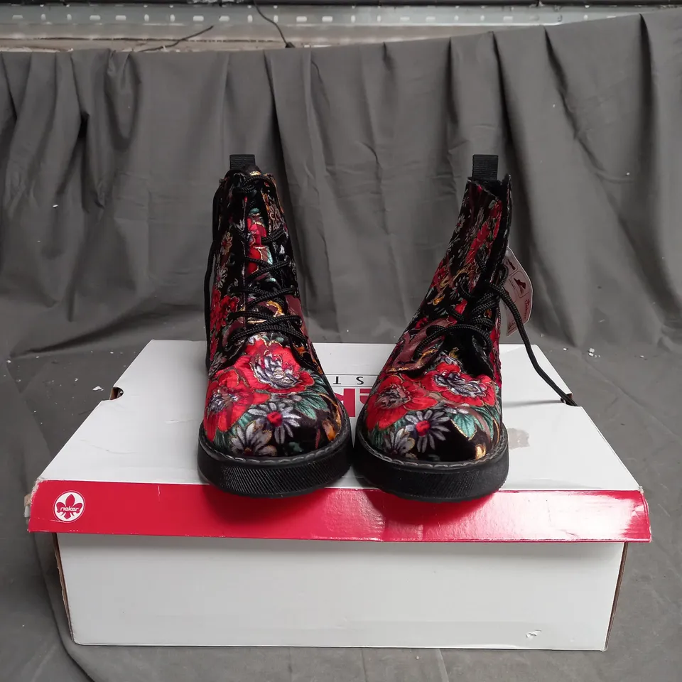 BOXED PAIR OF RIEKER LACE UP BOOTS MULTI/FLORAL PATTERN - SIZE 6 