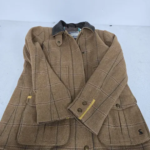 JOULES BROWN TWEED CHECK JACKET WITH FLORAL LINING, UK 14