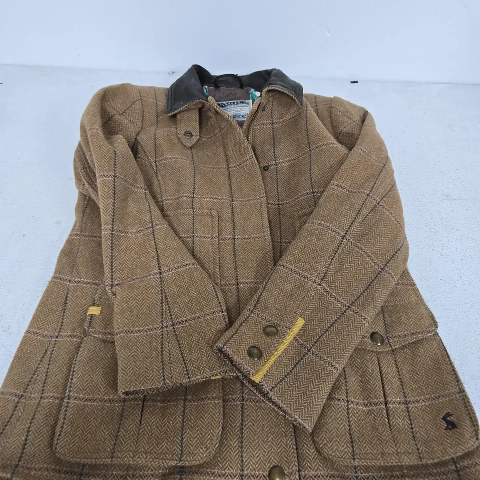JOULES BROWN TWEED CHECK JACKET WITH FLORAL LINING, UK 14