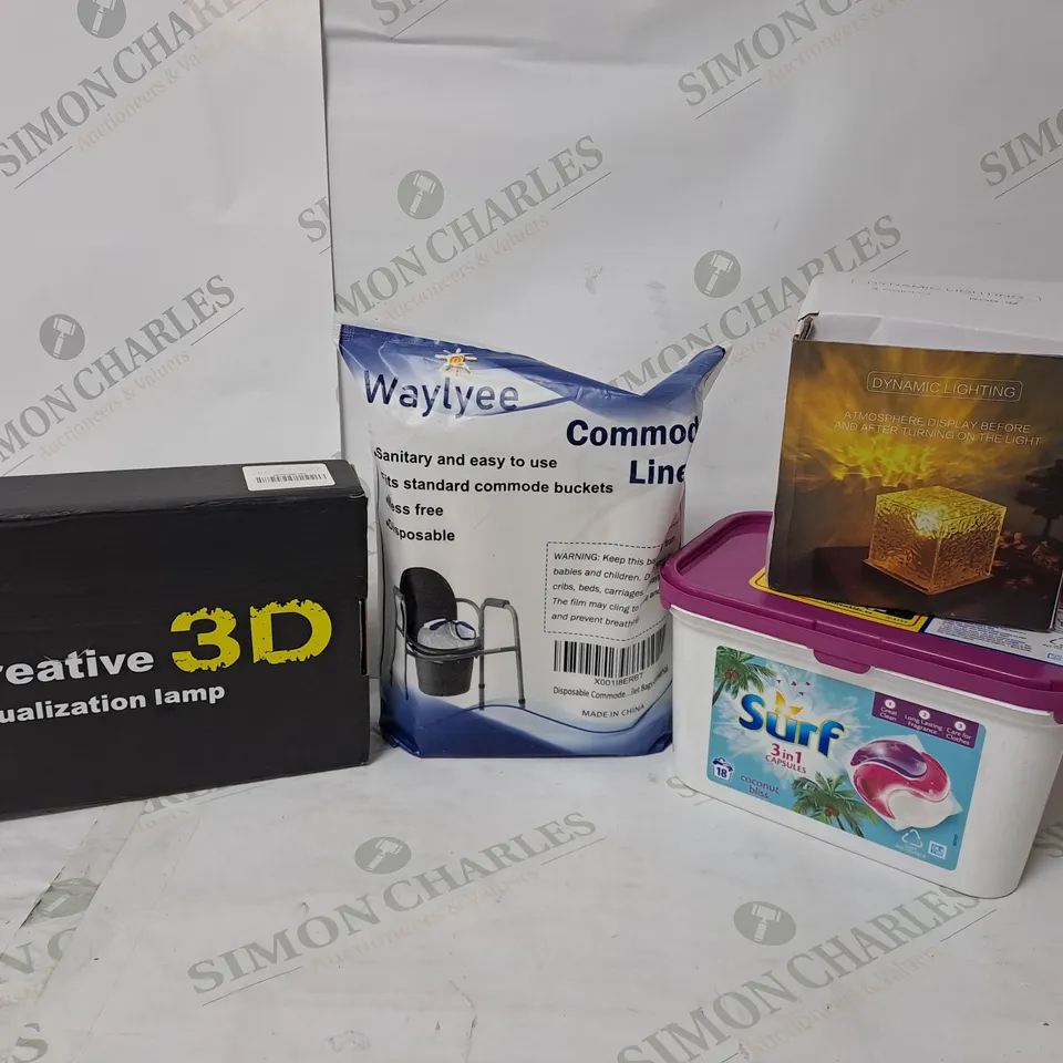 APPROXIMATELY 12 ASSORTED ITEMS TO INCLUDE CREATIVE 3D VISUALISATION LAMP, COMMODE LINERS, SURF 3-IN-1 CAPSULES, DYNAMIC LIGHTING ATMOSPHERE DISPLAY