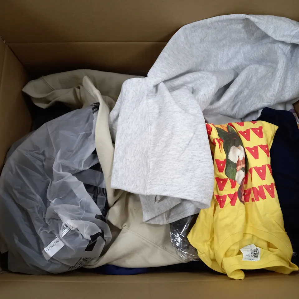 LARGE BOX OF ASSORTED CLOTHING ITEMS IN VARIOUS COLOURS AND SIZES INCLUDING TROUSERS , TOPS AND JUMPERS 