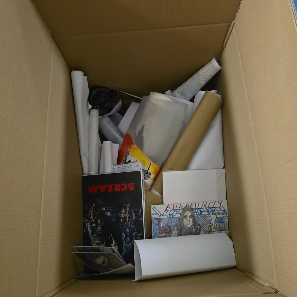 BOX OF APPROXIMATELY 25 ASSORTED ART, PRINTS AND POSTERS ETC