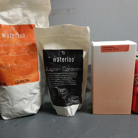 TOTE OF APPROX 8 ASSORTED FOOD ITEMS TO INCLUDE - WATERLOO ESPRESSO , SALAMM COLA, RUSSIAN CARAVAN KEEMUN ETC