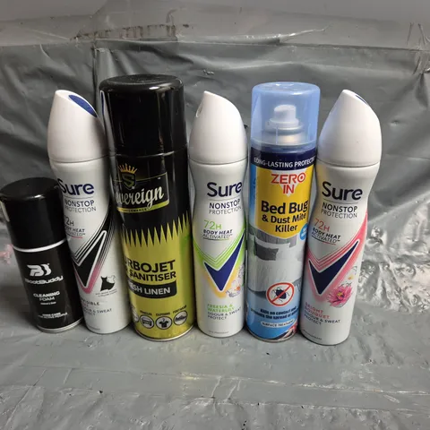 APPROXIMATELY 10 ASSORTED AEROSOLS TO INCLUDE SURE, BED BUG KILLER AND REGAINE