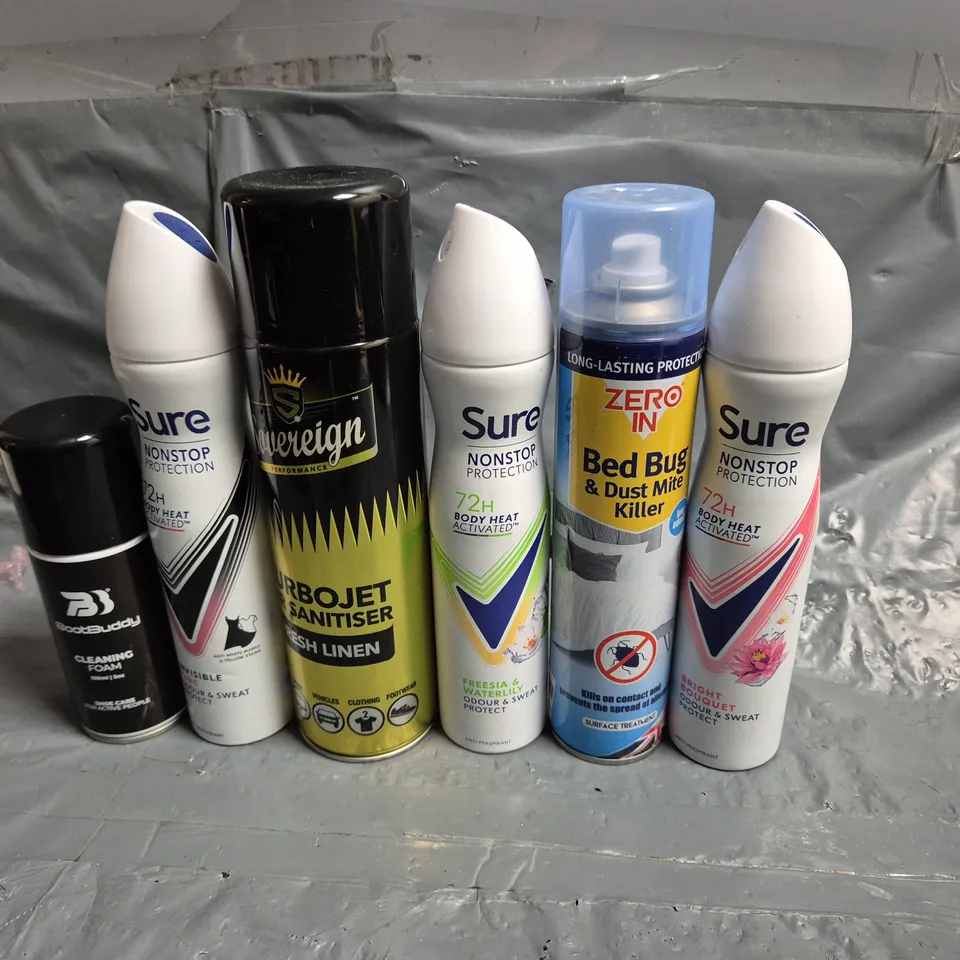 APPROXIMATELY 10 ASSORTED AEROSOLS TO INCLUDE SURE, BED BUG KILLER AND REGAINE