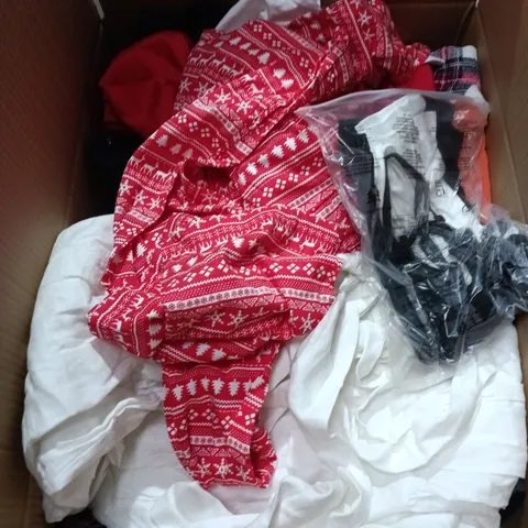 BOX OF APPROXIMATELY 25 ASSORTED CLOTHING ITEMS IN VARIOUS STYLES , COLOURS AND SIZES 