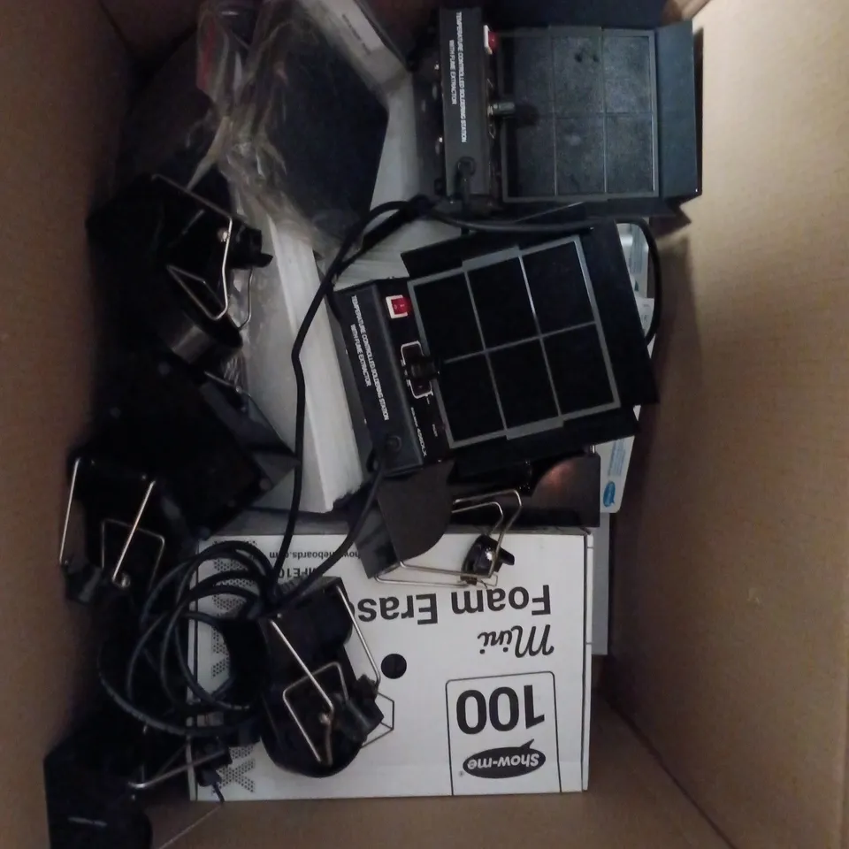 LARGE QUANTITY OF ASSORTED HOUSEHOLD ITEMS TO INCLUDE SOLDER IRON STATION, A4 WHITEBOARDS, WHITEBOARD RENOVATOR ETC - COLLECTION ONLY 