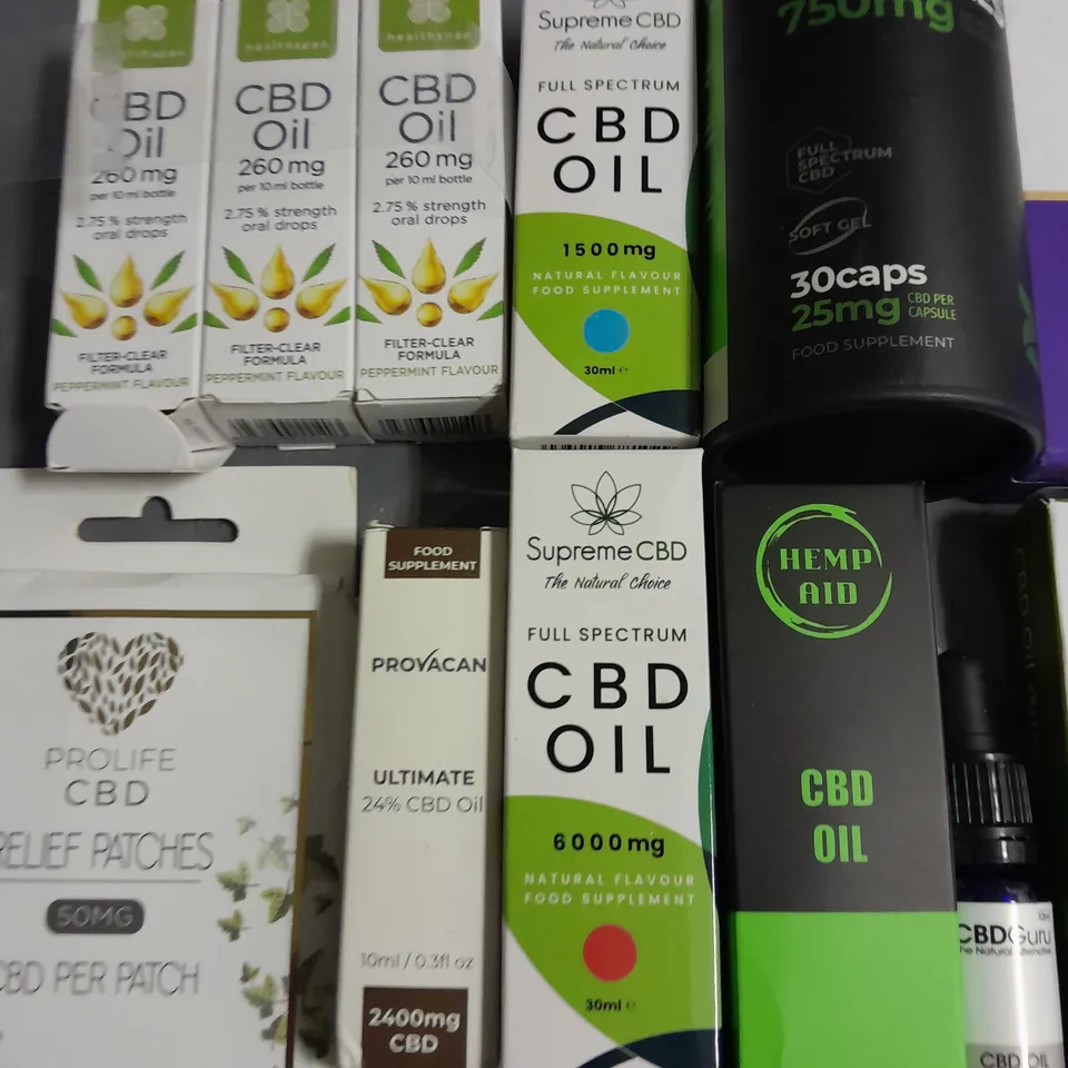 LOT OF APPROXIMATELY 24 ASSORTED CBD ITEMS TO INCLUDE OILS, CAPSULES AND PATCHES