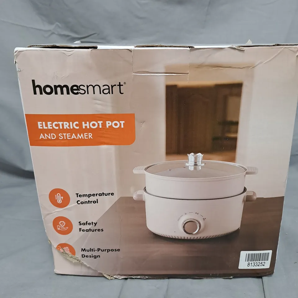 HOMESMART ELECTRIC HOT POT AND STEAMER – BEIGE, GLASS LID (BOXED)