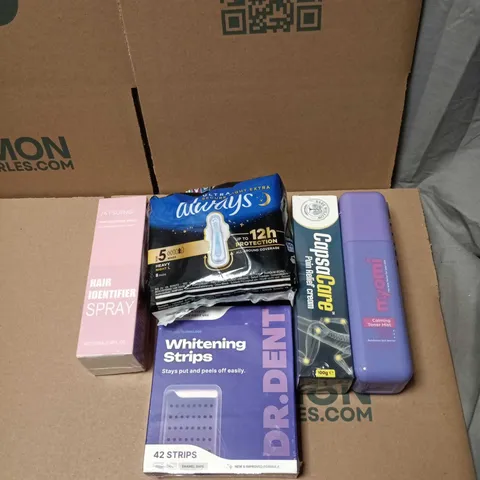 APPROXIMATELY 20 ASSORTED COSMETIC ITEMS TO INCLUDE MYOMI TONER MIST, PAIN RELIEF CREAM, ALWAYS NIGHT, DR DENT STRIPS ETC