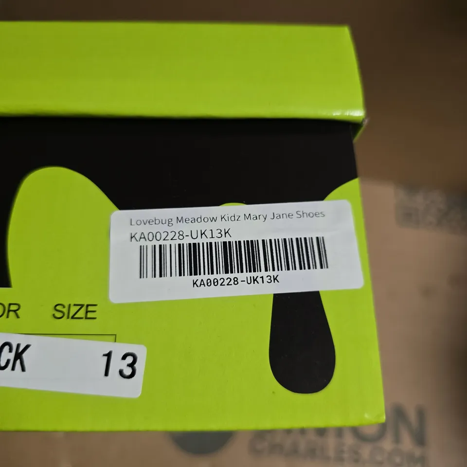 BOXED PAIR OF KOI LOVEBUG MEADOW KIDZ MARY JANE SHOES – BLACK, UK SIZE 13