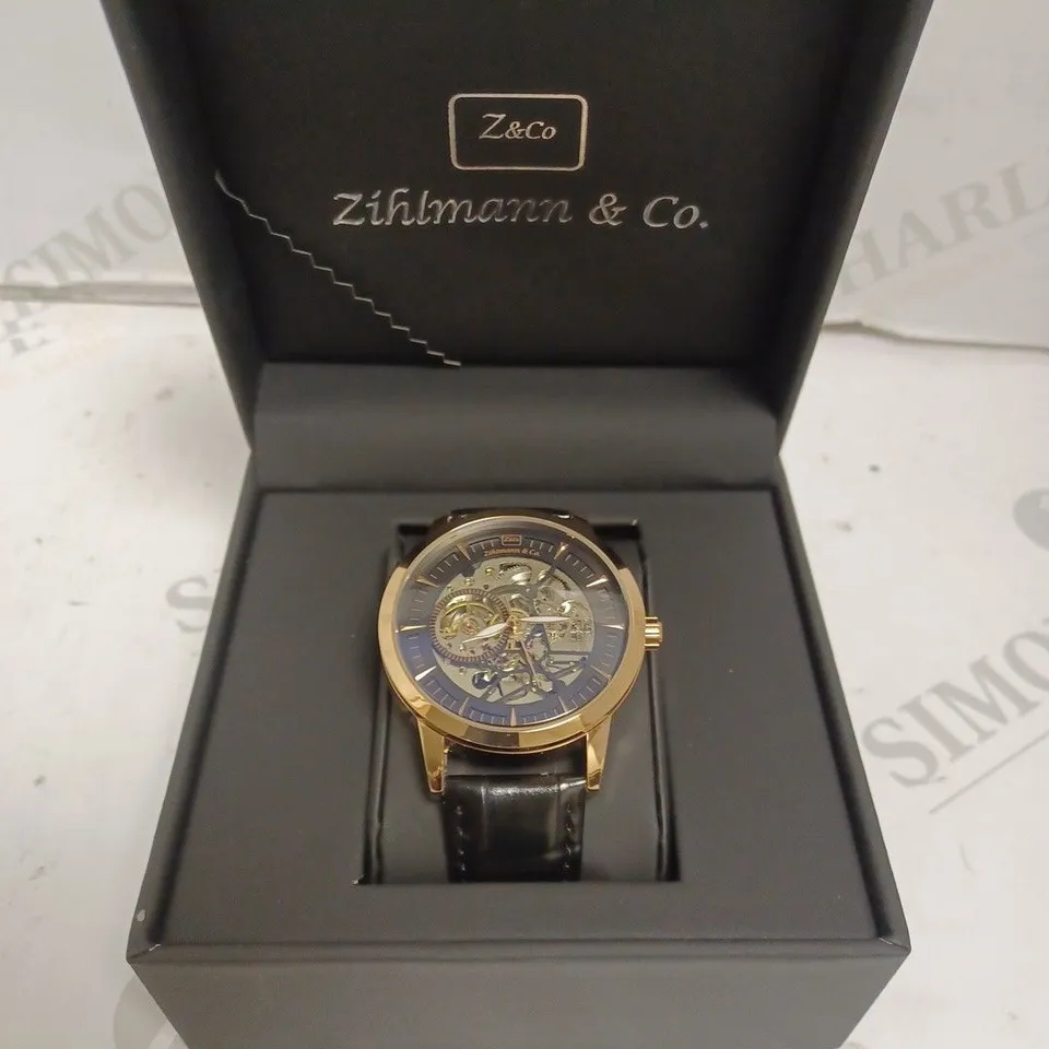 MENS ZIHLMANN & CO AUTOMATIC WATCH - Z210 – SKELETON DIAL – GOLD COLOUR CASE – GENUINE LEATHER CASE – HAND ASSEMBLED 