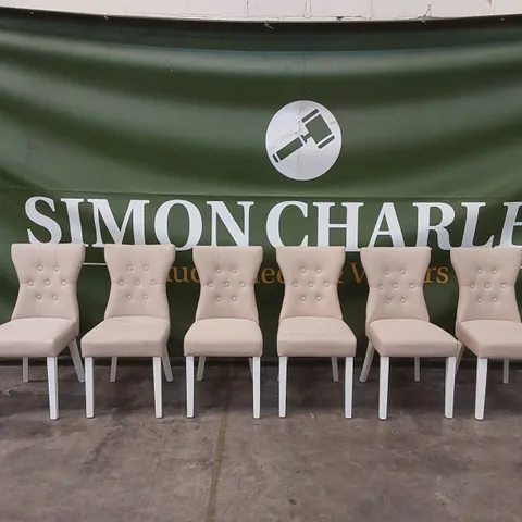 SET OF 6 BEWLEY OATMEAL FABRIC BUTTON BACK DINING CHAIRS WITH WHITE LEGS