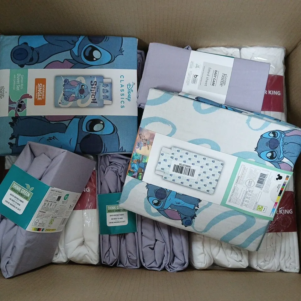 APPROXIMATELY 28 ASSORTD BEDDING TO INCLUDE STITCH SINGLE, WHITE SUPER KING, LIGHT PURPLE DOUBLE - COLLECTION ONLY