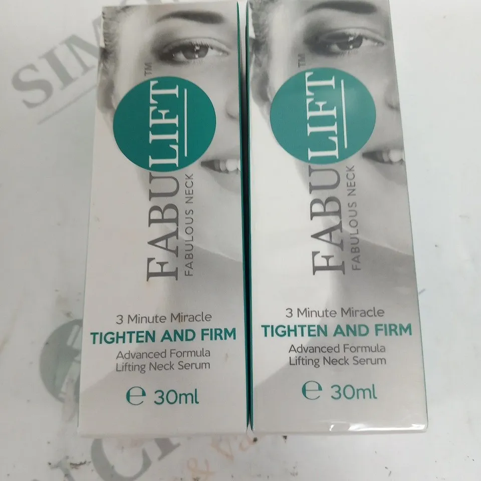 2 BOXED FABULIFT 3 MINUTE MIRACLE TIGHTEN AND FIRM ADVANCED LIFTING NECK SERUM 30ML