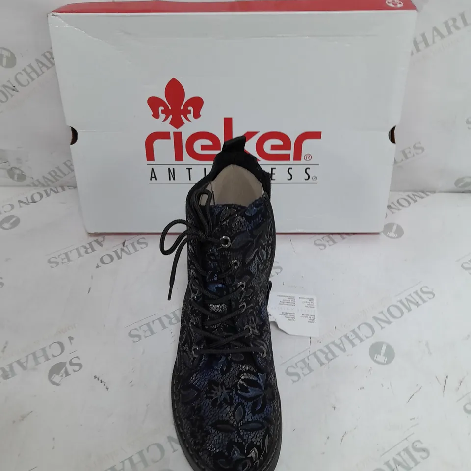 BOXED PAIR OF REIKER LACE UP BOOTS IN NAVY - SIZE 5