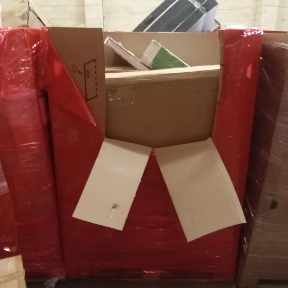 PALLET OF ASSORTED HOUSEHOLD GOODS AND PRODUCTS TO INCLUDE; AIR PURIFIER, DRYWALL SANDER, STEAM CLEANER, DART BOARD ETC