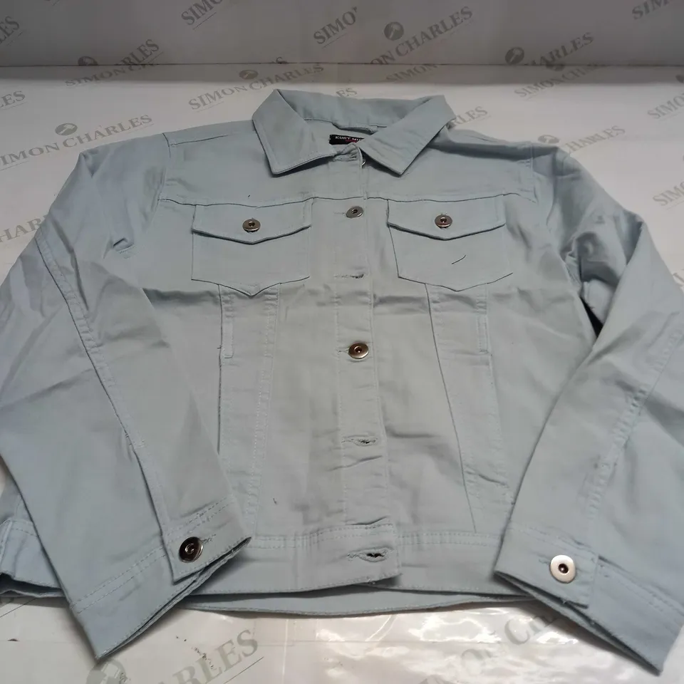 KURT MULLER WOMAN CROP FAUX DENIM JACKET IN BABY BLUE - UK 16
