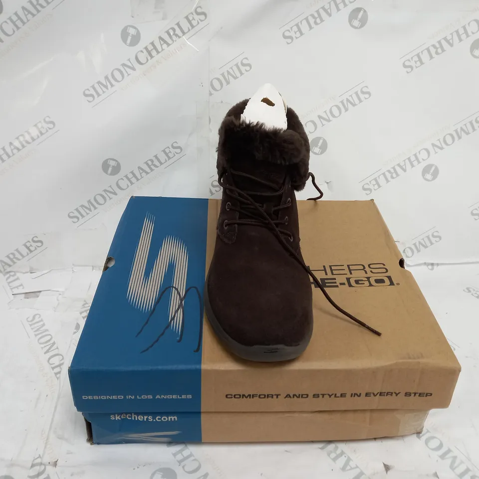 BOXED SKECHERS GO WALK STABILITY SUEDE BOOTS, CHOCOLATE - SIZE 6