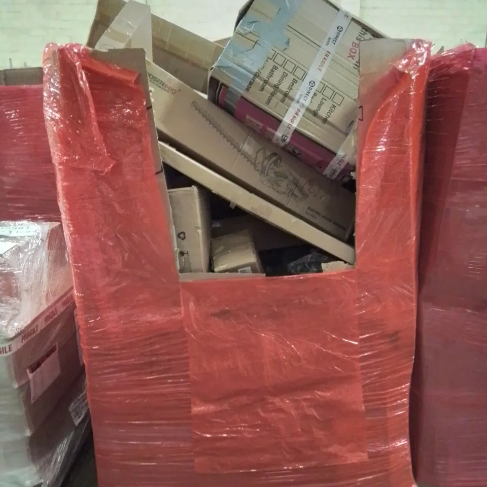 MIXED PALLET OF VARIOUS HOUSEHOLD ITEMS TO INCLUDE: ELECTRIC HEDGE TRIMMER, COFFEE MACHINE, OFFICE CHAIR, SHELVING UNIT AND LOTS MORE UNMARKED BOXED ITEMS 