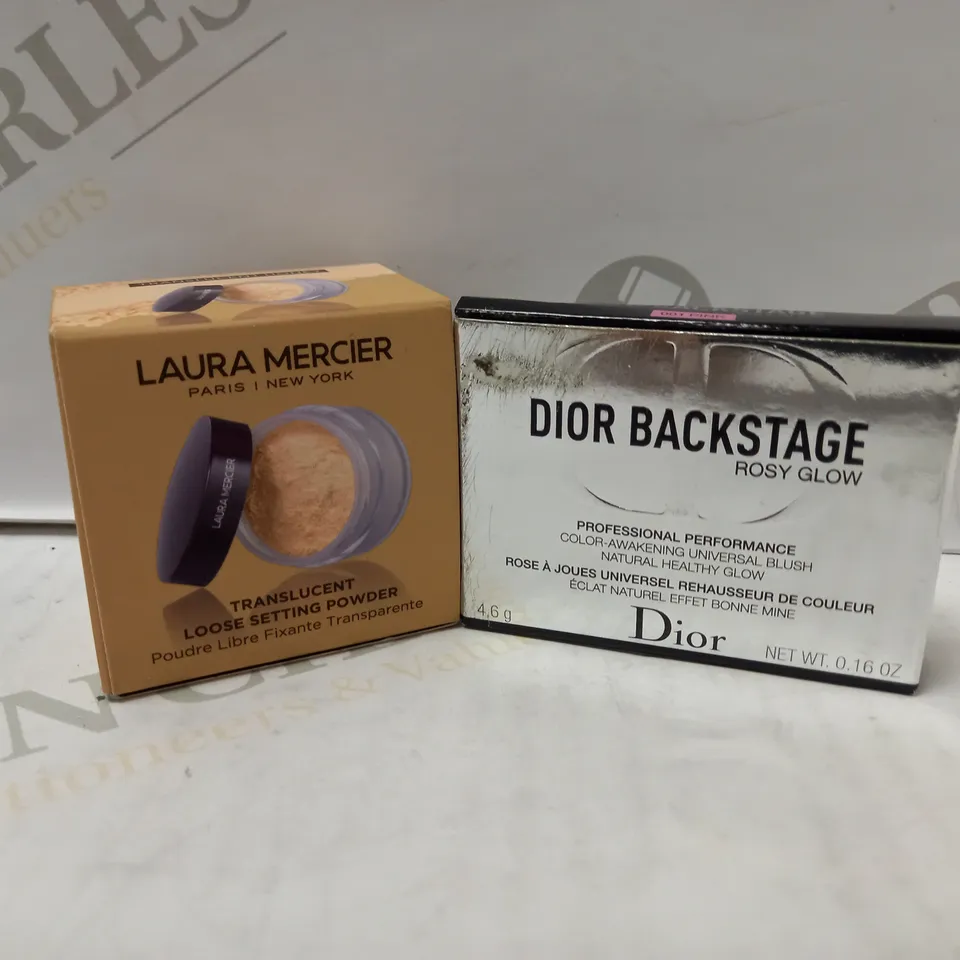 LOT OF 2 MAKEUP PRODUCTS TO INCLUDE LAURA MERCIER TRANSLUCENT LOOSE SETTING POWDER - TRANSLUCENT HONEY & DIOR BACKSTAGE ROSY GLOW BLUSH - 001 PINK 