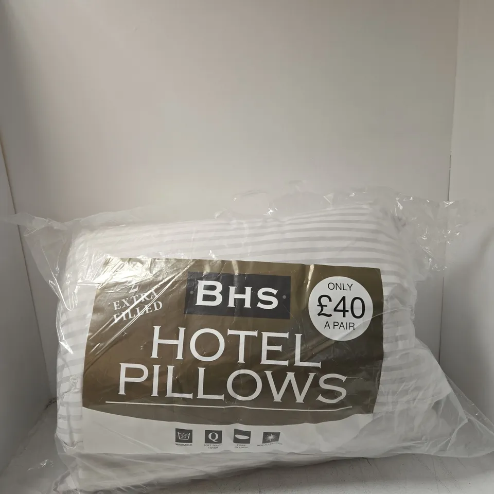 BHS HOTEL PILLOWS – EXTRA FILLED, PAIR (WHITE STRIPED COVERS)